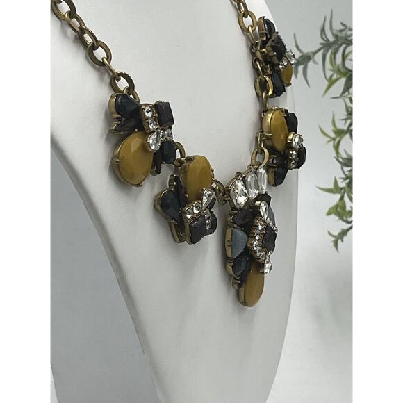 J. Crew Mustard Yellow Blue Eggplant Antique Gold Rhinestone Statement Necklace - Picture 14 of 14
